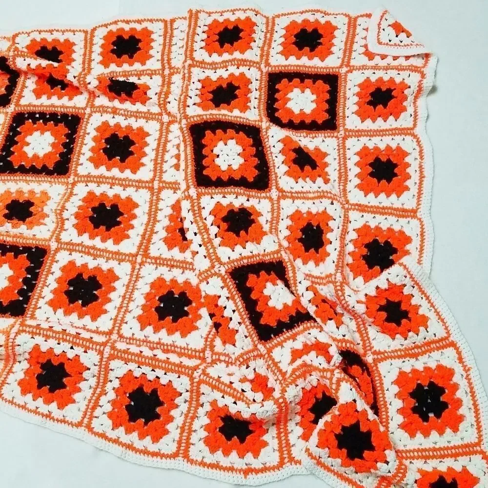 VINTAGE Granny Square Handmade Orange Afghan Throw